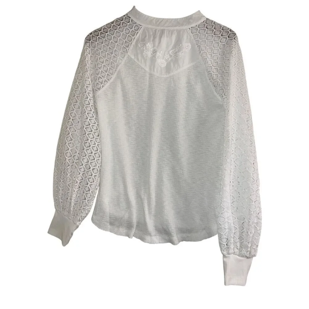 ✨Free People Sweetest Thing Thermal/Lace White Long Sleeve Sz Small Top✨